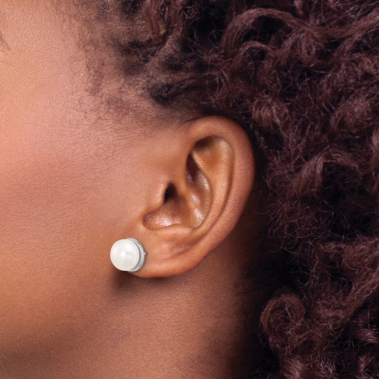 Sterling Silver Pearl Stud Earrings with Round Cultured White Pearls in Bezel Setting