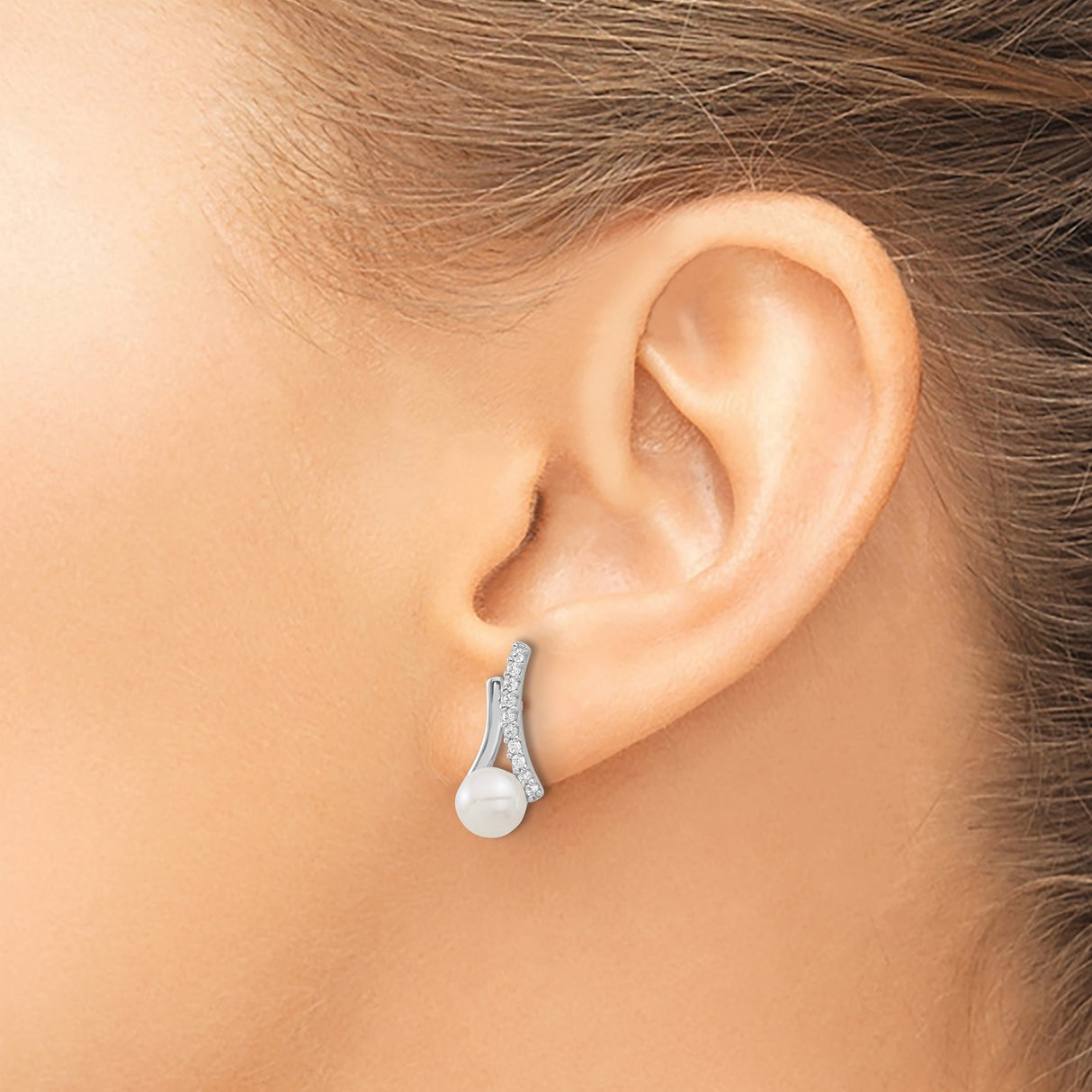 Sterling Silver Freshwater Pearl CZ Curved Bar Earrings