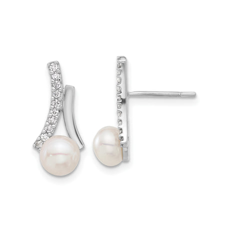 Sterling Silver Stud Earrings with White Freshwater Pearls and Curved Bar Accented by Cubic Zirconia, Elegant Modern Design for Bridal, Formal, Everyday Wear, Minimalist Pearl Jewelry for Women