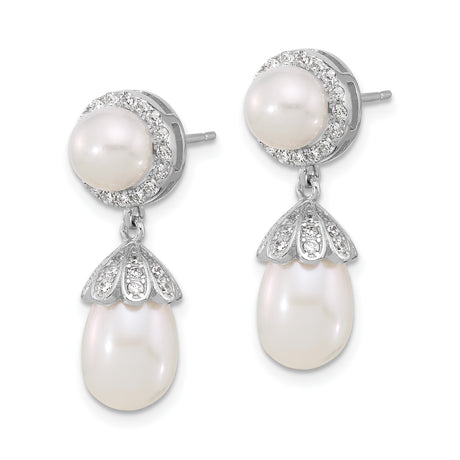 Sterling Silver Drop Earrings with Pearl and Cubic Zirconia, Vintage Floral Halo Design