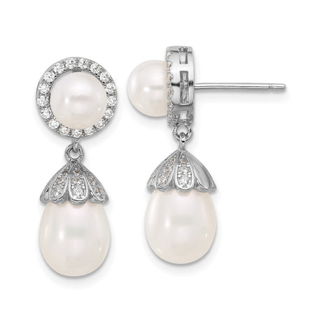 Sterling Silver Drop Earrings with Pearl and Cubic Zirconia, Vintage Floral Halo Design