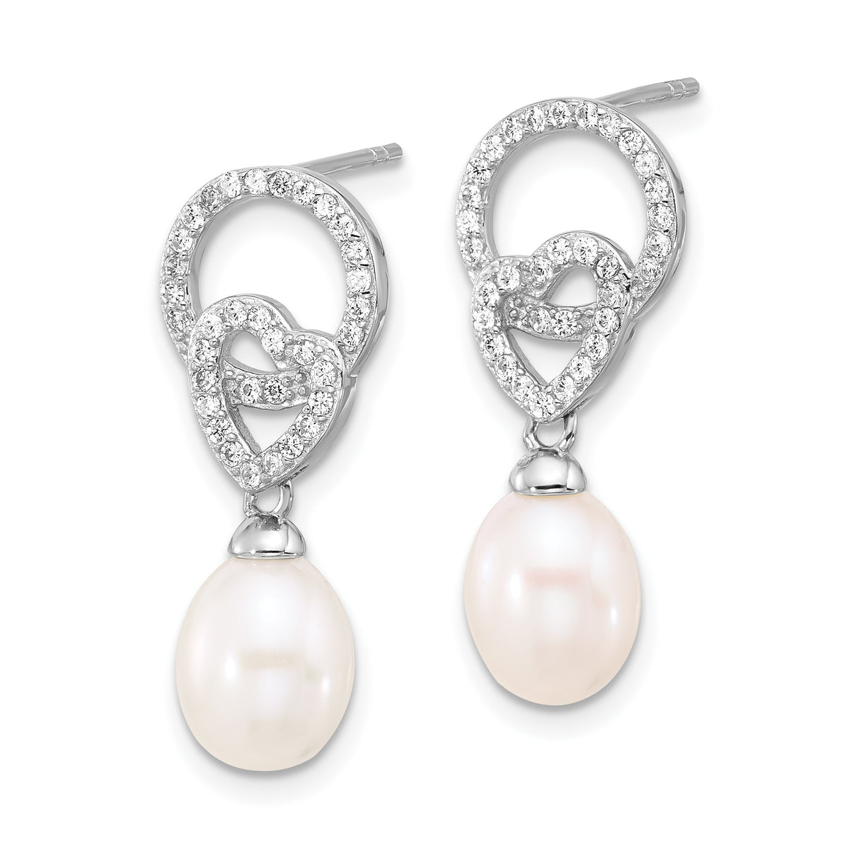 Sterling Silver Dangle Earrings with Pearl Drop and Cubic Zirconia Heart and Circle Design