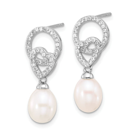 Sterling Silver Dangle Earrings with Pearl Drop and Cubic Zirconia Heart and Circle Design