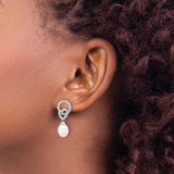 Sterling Silver Dangle Earrings with Pearl Drop and Cubic Zirconia Heart and Circle Design