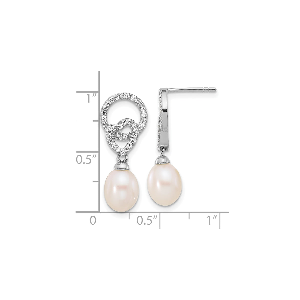 Sterling Silver Dangle Earrings with Pearl Drop and Cubic Zirconia Heart and Circle Design