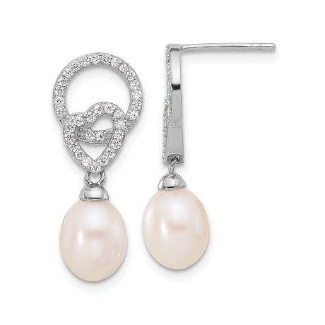 Sterling Silver Dangle Earrings with Pearl Drop and Cubic Zirconia Heart and Circle Design