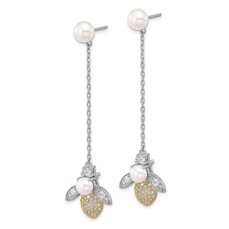 Sterling Silver Drop Earrings with Pearl and Cubic Zirconia, Bee Charm Nature-Inspired Jewelry
