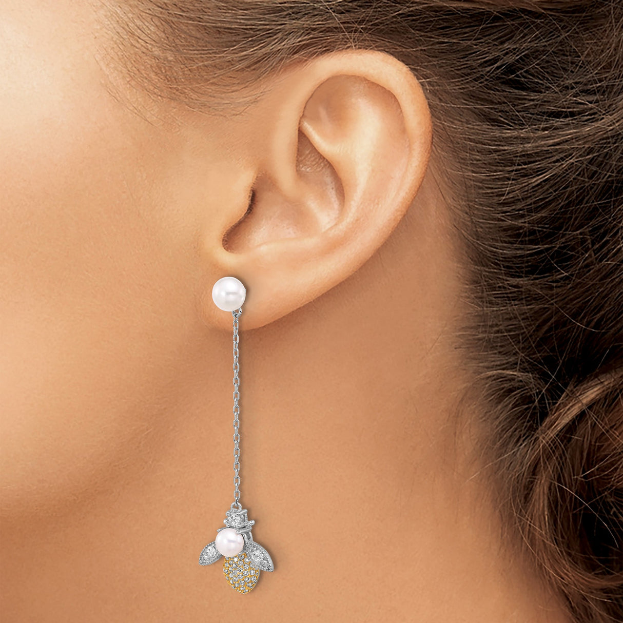 Sterling Silver Drop Earrings with Pearl and Cubic Zirconia, Bee Charm Nature-Inspired Jewelry