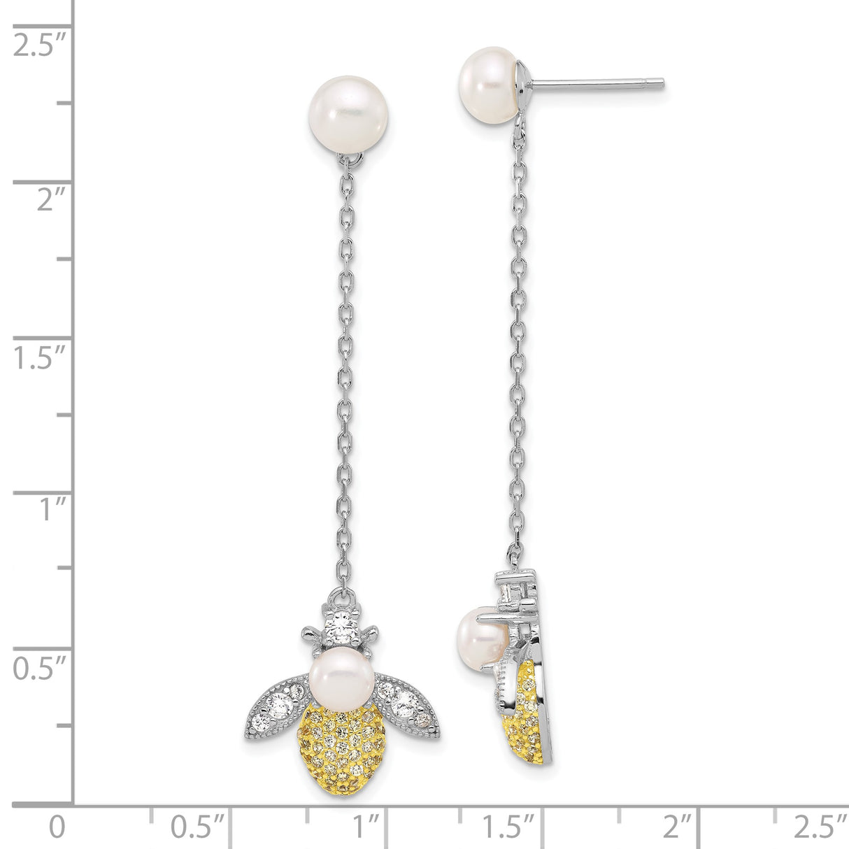 Sterling Silver Drop Earrings with Pearl and Cubic Zirconia, Bee Charm Nature-Inspired Jewelry