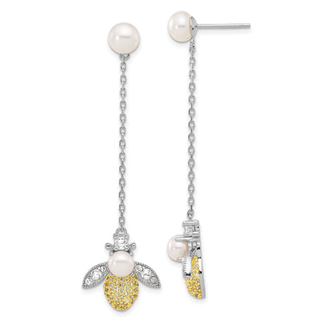 Sterling Silver Drop Earrings with Pearl and Cubic Zirconia, Bee Charm Nature-Inspired Jewelry