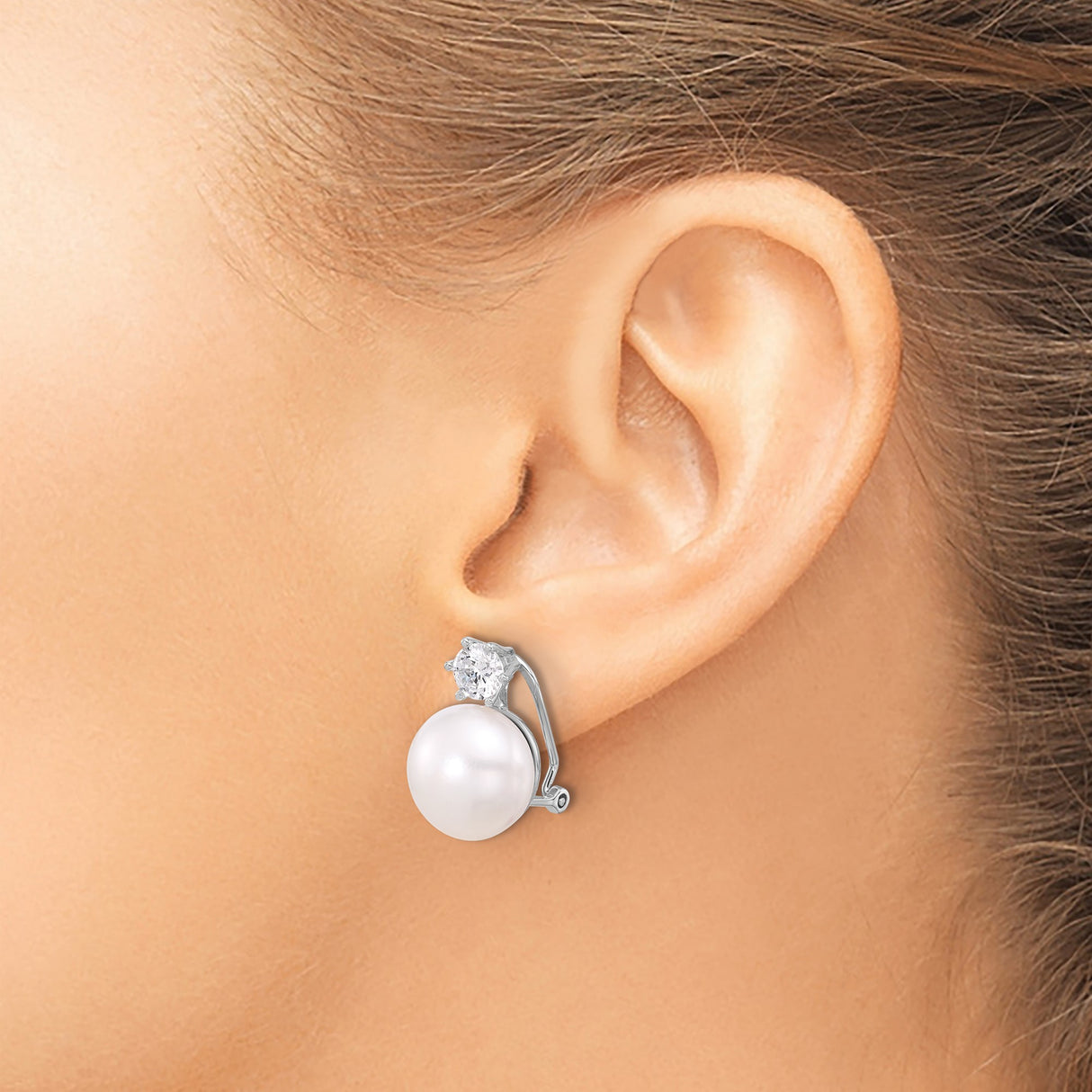 Sterling Silver Stud Earrings with White Cultured Pearls and Cubic Zirconia Accent
