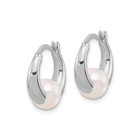 Sterling Silver Hoop Earrings with Cultured White Pearl, Modern Minimalist Style