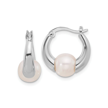 Sterling Silver Hoop Earrings with Cultured White Pearl, Modern Minimalist Style