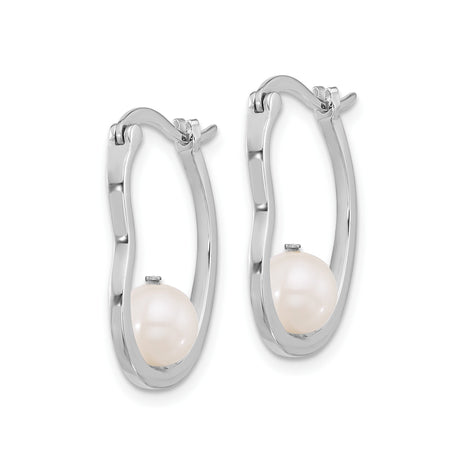 Sterling Silver Hoop Earrings with White Freshwater Pearl, Wavy Minimalist Design for Women