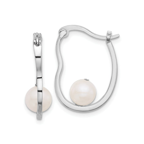 Sterling Silver Hoop Earrings with White Freshwater Pearl, Wavy Minimalist Design for Women
