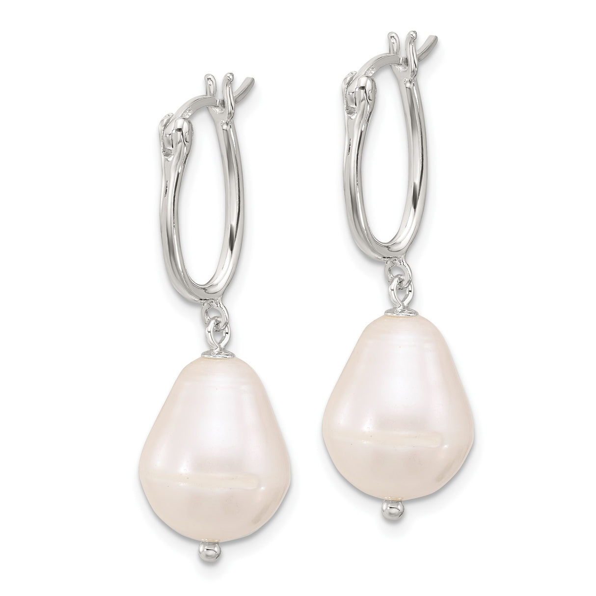 Sterling Silver Oval Hoop Dangle Earrings with Natural White Baroque Freshwater Pearls