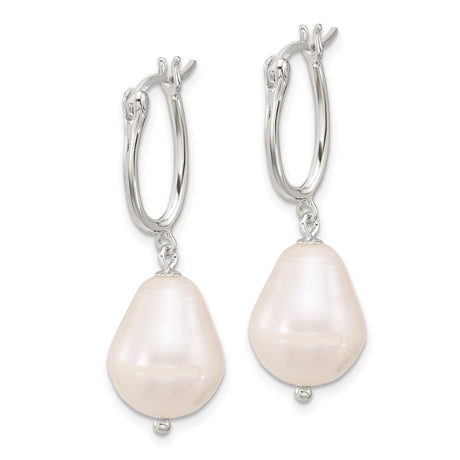 Sterling Silver Oval Hoop Dangle Earrings with Natural White Baroque Freshwater Pearls