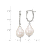 Sterling Silver Oval Hoop Dangle Earrings with Natural White Baroque Freshwater Pearls