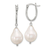Sterling Silver Oval Hoop Dangle Earrings with Natural White Baroque Freshwater Pearls