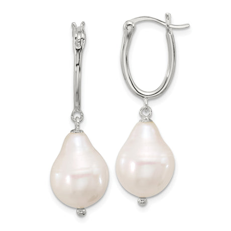 Sterling Silver Oval Hoop Dangle Earrings with Natural White Baroque Freshwater Pearls