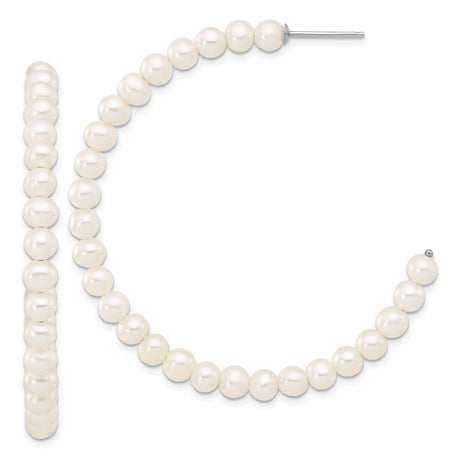 Sterling Silver Hoop Earrings with White Freshwater Cultured Pearls, Classic Formal Style