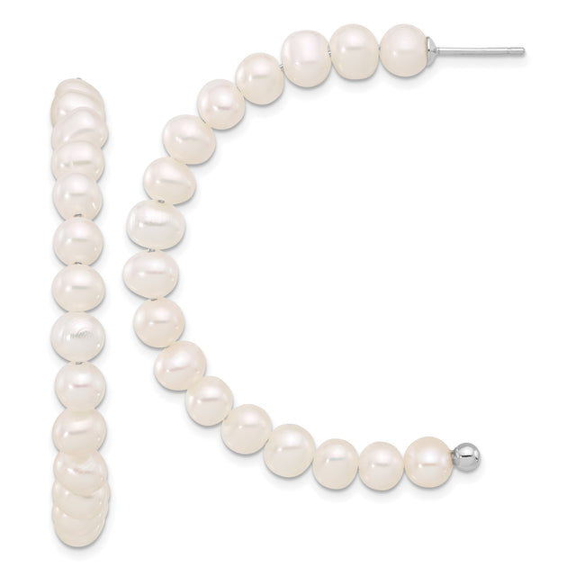 Sterling Silver Hoop Earrings with Natural Freshwater Pearls, Classic J-Hoop Design