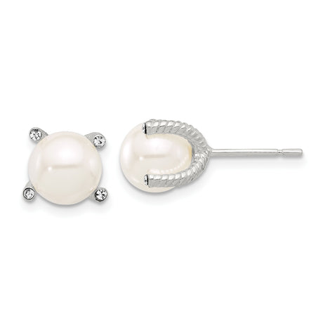 Sterling Silver Pearl Stud Earrings with Cubic Zirconia Accents, Classic Bridal Jewelry for Women