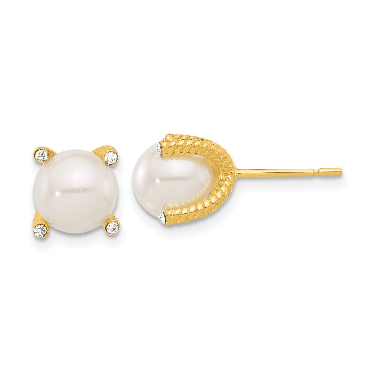 Sterling Silver Stud Earrings with Simulated Pearl and Cubic Zirconia, Textured Gold Prongs