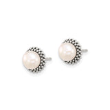 Sterling Silver Pearl Stud Earrings with White Round Pearls and Beaded Halo Design