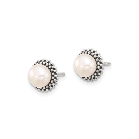 Sterling Silver Pearl Stud Earrings with White Round Pearls and Beaded Halo Design