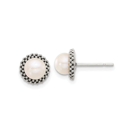 Sterling Silver Pearl Stud Earrings with White Round Pearls and Beaded Halo Design