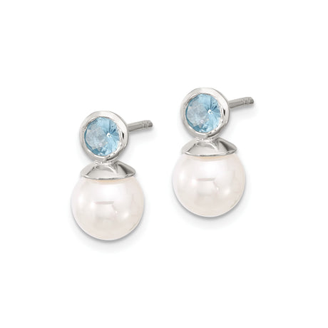 Sterling Silver Bridal Stud Earrings White Pearl Blue Gem