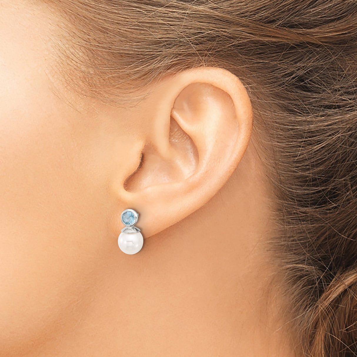 Sterling Silver Bridal Stud Earrings White Pearl Blue Gem