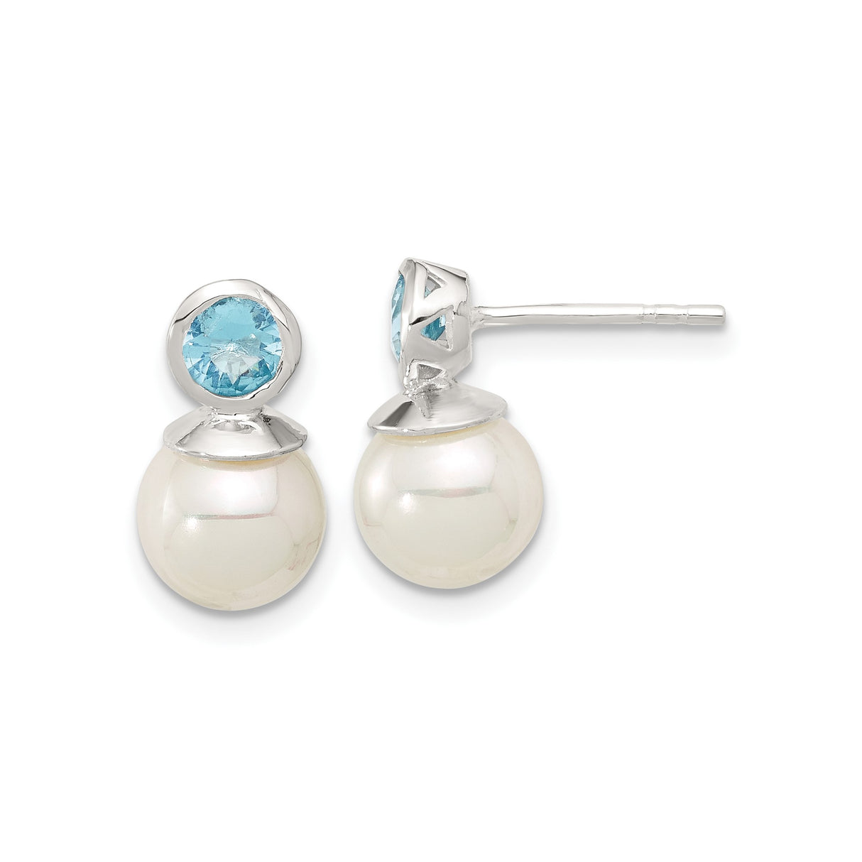 Sterling Silver Stud Earrings with Round White Pearls and Light Blue Gemstones, Elegant Bridal Design for Women, Classic Formal Jewelry with Polished Finish, Refined Style and Timeless Appeal