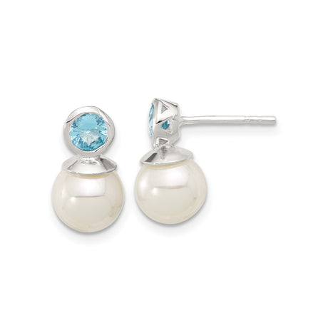Sterling Silver Stud Earrings with Round White Pearls and Light Blue Gemstones, Elegant Bridal Design for Women, Classic Formal Jewelry with Polished Finish, Refined Style and Timeless Appeal