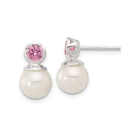 Sterling Silver Pearl Stud Earrings with Pink Cubic Zirconia Accents, Feminine Bridal Jewelry