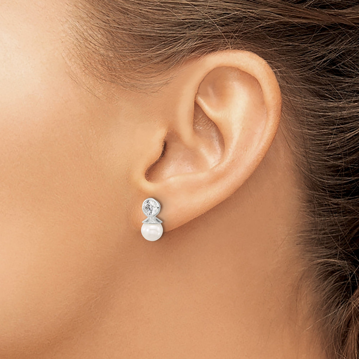 Sterling Silver Pearl Stud Earrings with Cubic Zirconia, Classic Bridal Jewelry for Women