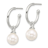 Sterling Silver Drop Hoop Earrings with White Pearls, Minimalist Bridal Jewelry