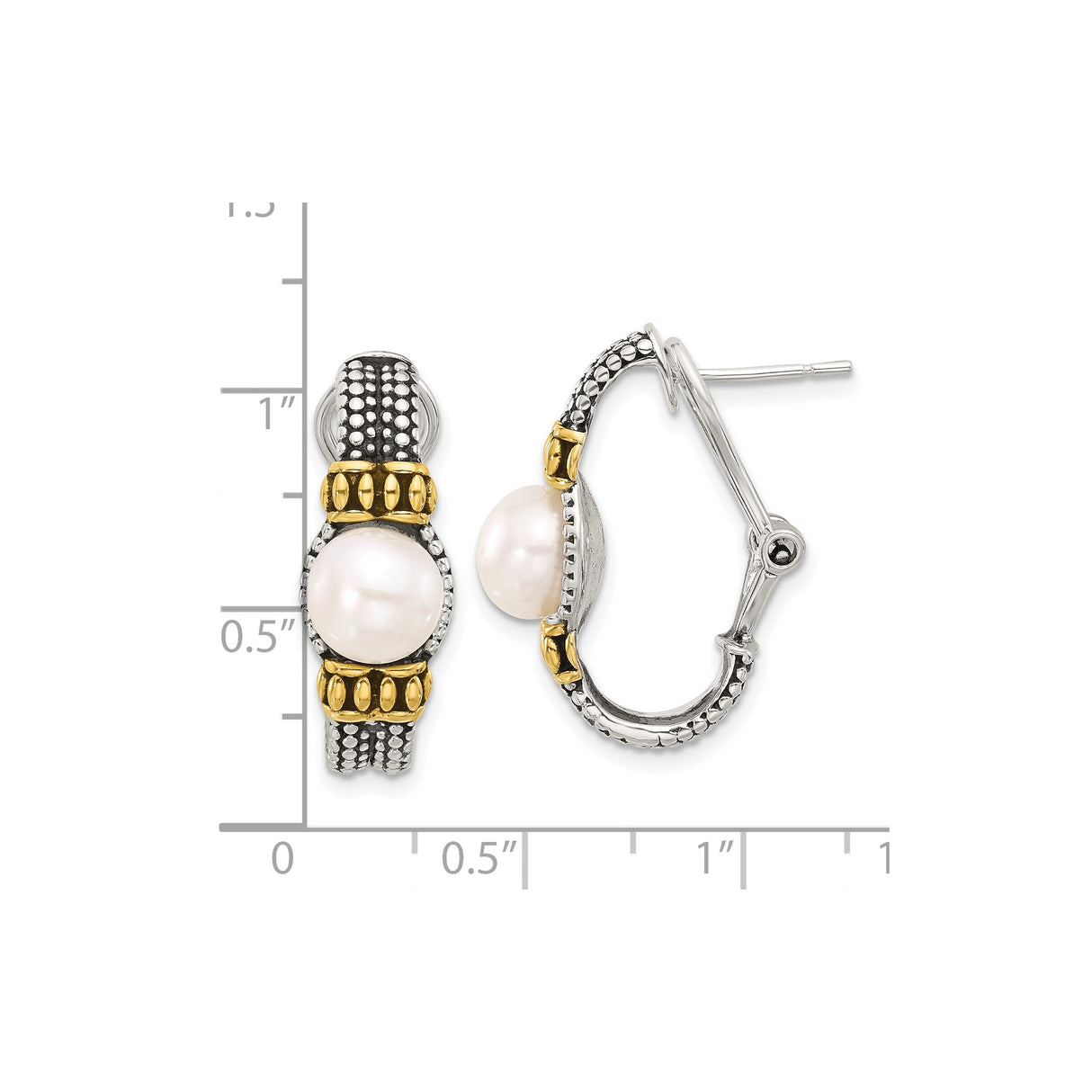 Sterling Silver Hoop Earrings with Cultured White Pearls, Beaded Texture, Vintage Style