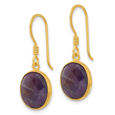Sterling Silver Dangle Earrings with Oval Amethyst in Bezel Setting, French Hook Design
