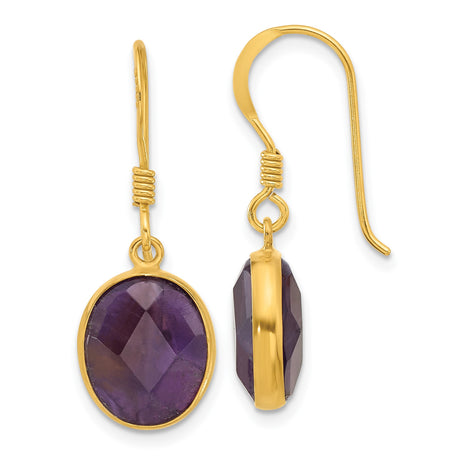 Sterling Silver Dangle Earrings with Oval Amethyst in Bezel Setting, French Hook Design
