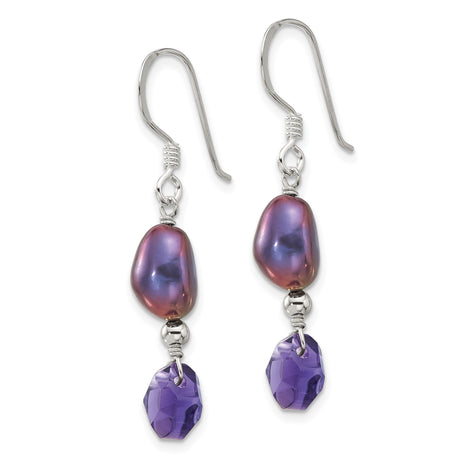 Sterling Silver Dangle Earrings with Freshwater Pearls and Purple Crystals, Handcrafted Drop Style
