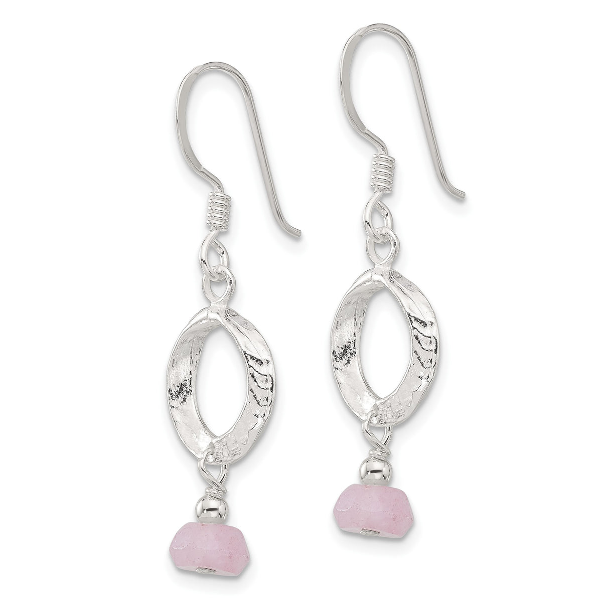 Sterling Silver Dangle Earrings with Pink Quartz, Hammered Circle, Boho Minimalist Style
