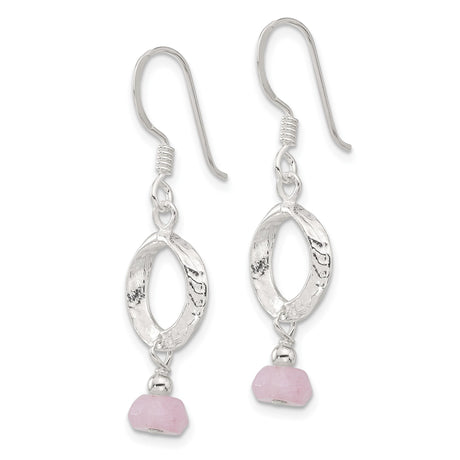 Sterling Silver Dangle Earrings with Pink Quartz, Hammered Circle, Boho Minimalist Style