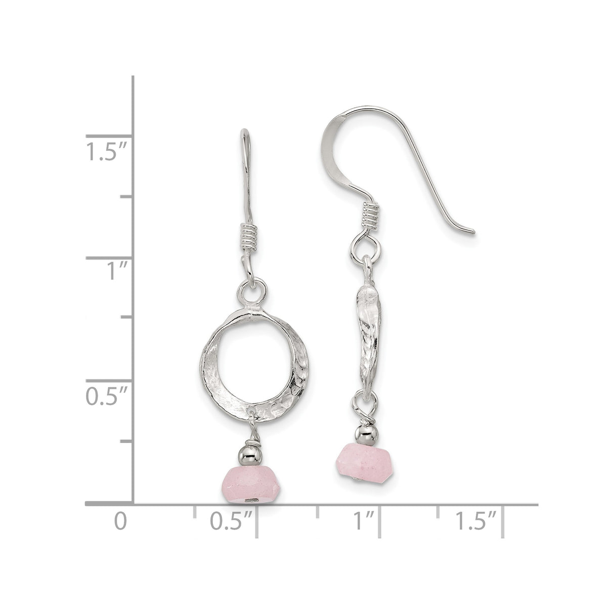 Sterling Silver Dangle Earrings with Pink Quartz, Hammered Circle, Boho Minimalist Style