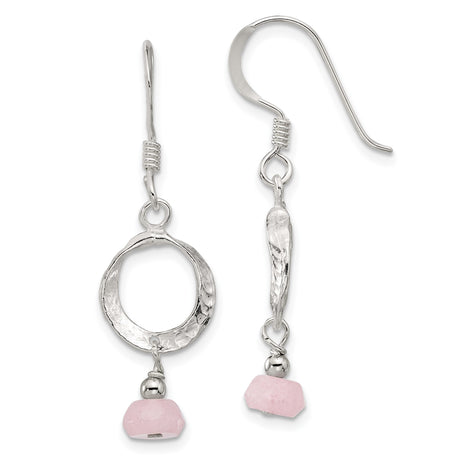 Sterling Silver Dangle Earrings with Pink Quartz, Hammered Circle, Boho Minimalist Style