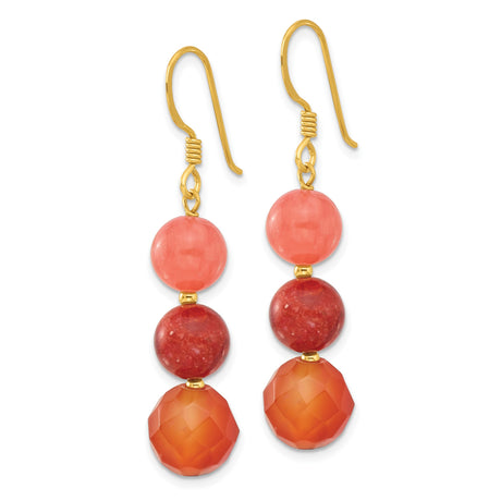 Sterling Silver Dangle Earrings with Quartz and Coral Beads, Colorful Boho Style for Women