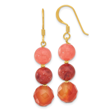 Sterling Silver Dangle Earrings with Quartz and Coral Beads, Colorful Boho Style for Women