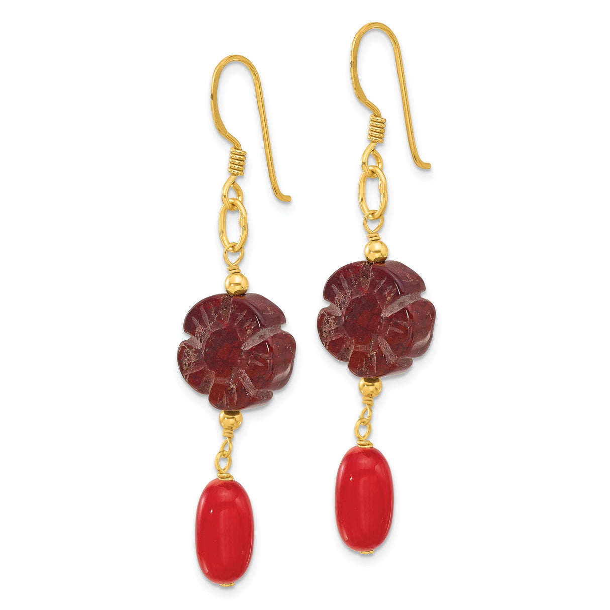 Sterling Silver Dangle Earrings with Red Jasper Flower Design and Coral Accents
