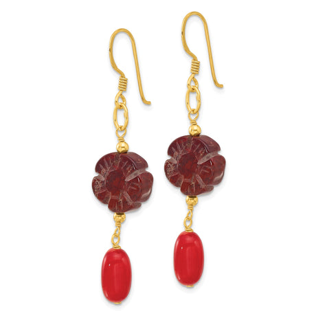 Sterling Silver Dangle Earrings with Red Jasper Flower Design and Coral Accents